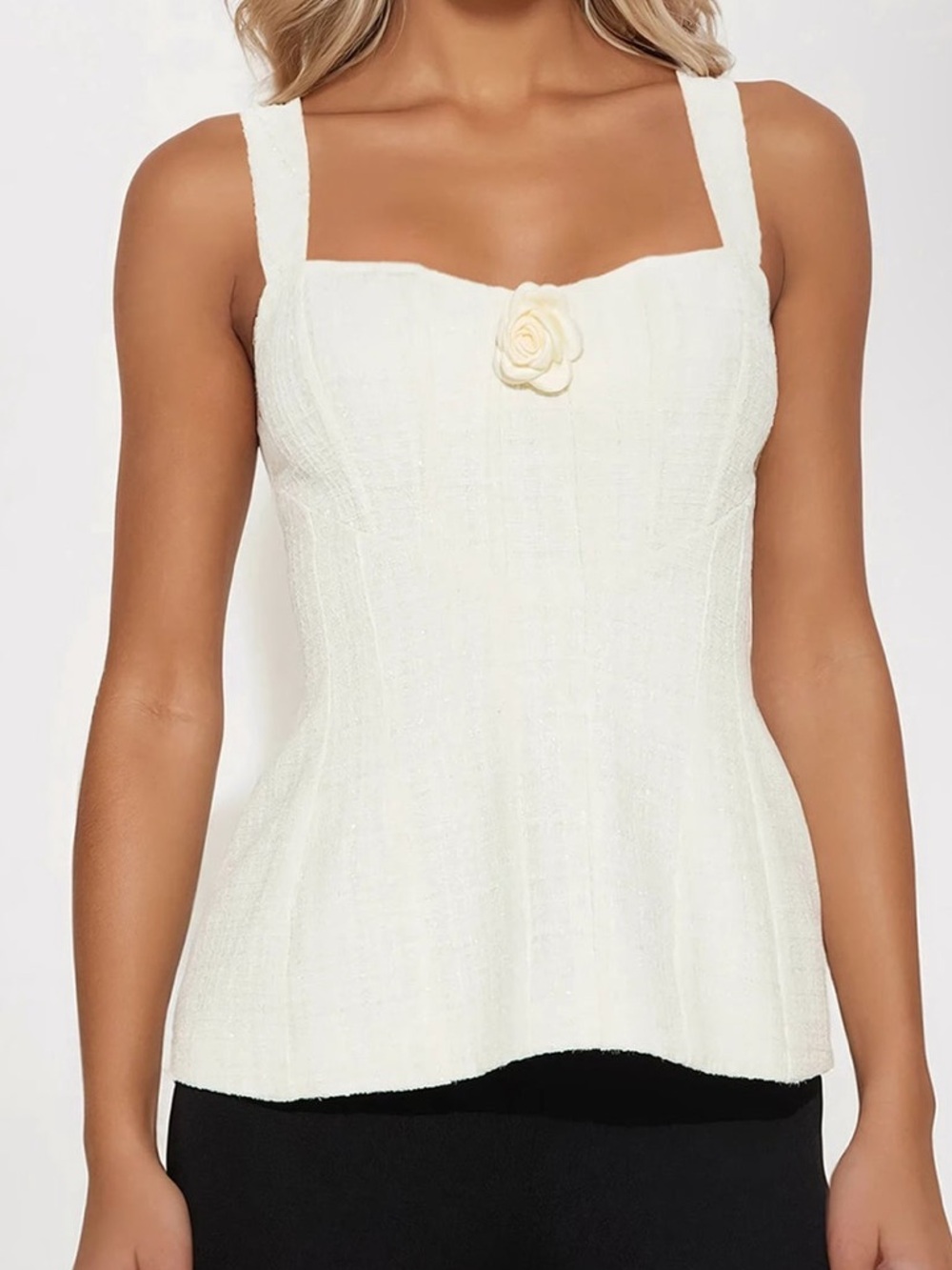 Pristine Elegance Tweed Rosette Top - Ivory